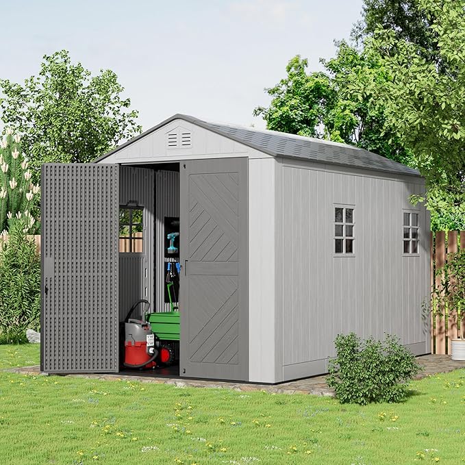 6x11 FT Storage Shed with Floor,HDPE Resin Outdoor Storage Shed Weather Resistant,Lockable Garden Sheds with Windows for Home/Garden Tools/Backyard/Lawn Mower/Bike Storage(Gray)