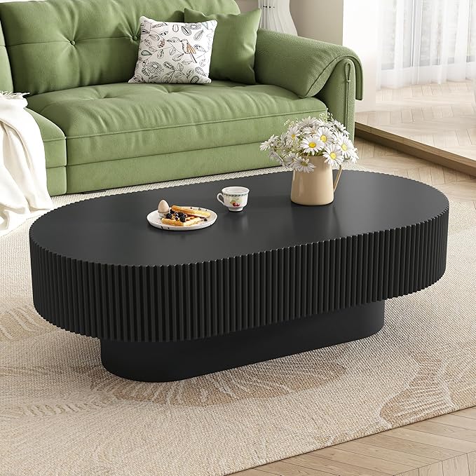WILLIAMSPACE 43.3" Oval Coffee Table with 6.8" Thick Tabletop & Sturdy Base, Modern Drum Center Table Accent End Tea Table for Living Room, Minimalist Fluted Design, Easy Assembly, Black