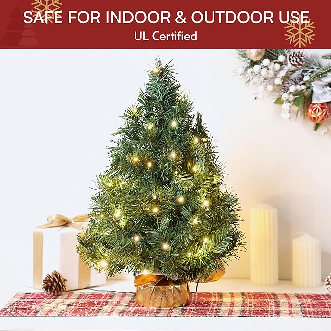 JOIEDOMI 24"/2FT Small Tabletop Christmas Tree with LED Warm Lights, Table Top Christmas Decorations Pre-lit Artificial Xmas Tree, Green Mini Tree for Christmas Decorations Indoor Xmas Party Décor
