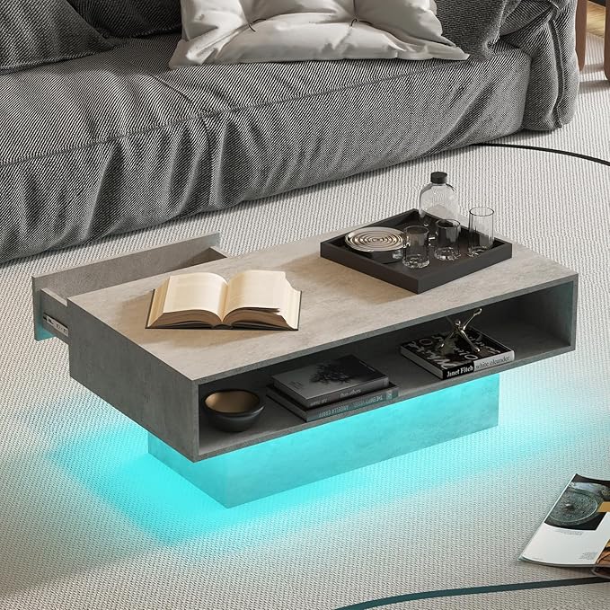 Grey Coffee Table with Storage, Rectangular Center Table for Living Room, Modern High Glossy Farmhouse Grey Coffee Table with 16 Colors LED Lights, Wooden Living Room Table, Pullout Storage