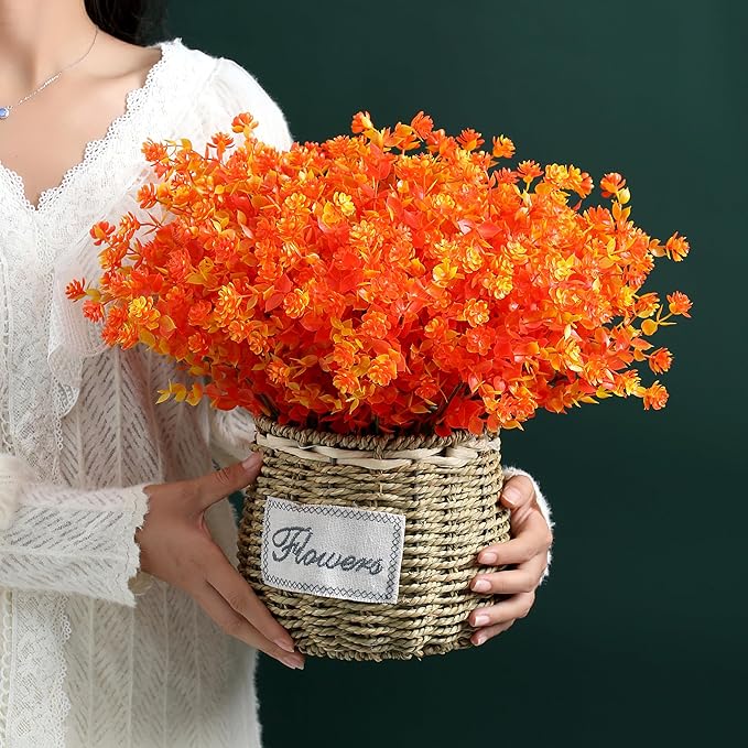 SITUMEIZI Artificial Mums for Outdoor Fall Flowers,Faux Flower Eucalyptus Leaves Fake Plants Greenery Outside Plastic Proch Patio Front Fall Halloween Thanksgiving Decorations(8Pcs,Orange)