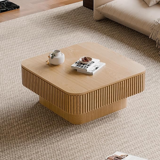 31.5'' Square Coffee Table with Storage, Mid Century Modern Fluted Drum Center Tables with Lid, Solid Wood Modern Coffee Table Accent Tea Table for Living Room, Bedroom, Apartment or Office, Natural