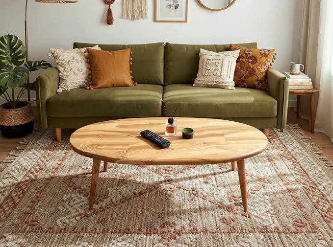 Oval Solid Wood Coffee Table for Living Room, Scandinavian Minimal Design, Tool-Free Assembly, 46″W x 20″D x 18″H