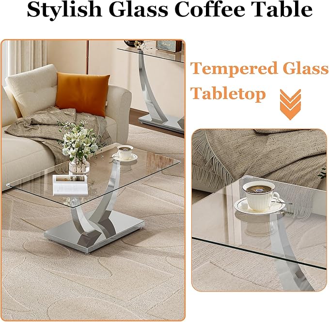 47" Glass Coffee Table, Modern Rectangular Center Table with Tempered Glass Top and Silver Horn-Shaped Stainless Steel Base for Apartment, Office