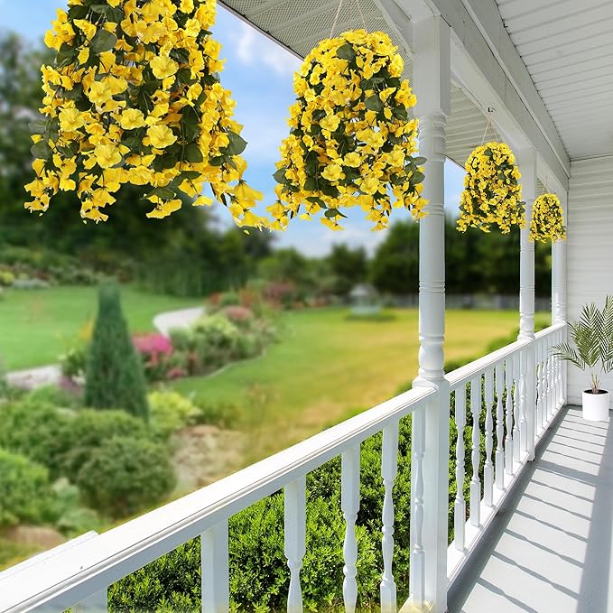 Sggvecsy Artificial Fake Hanging Flowers Plants for Outdoor Outside Spring Summer Decoration 2PCS Faux Silk UV Resistant Realistic Morning Glory Trailing Vines for Home Porch Patio Balcony(Yellow)
