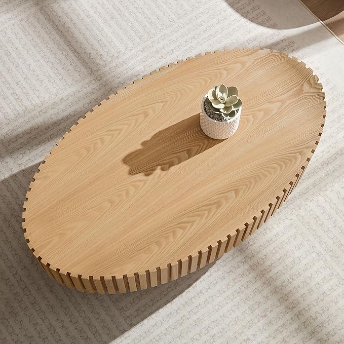 WILLIAMSPACE 43.7" Oval Coffee Table, Modern Luxury Wood Drum Center Table for Living Room, Handcraft Accent Side End Table for Apartment, 43.7"*24.8"*13.78"H (Oak)