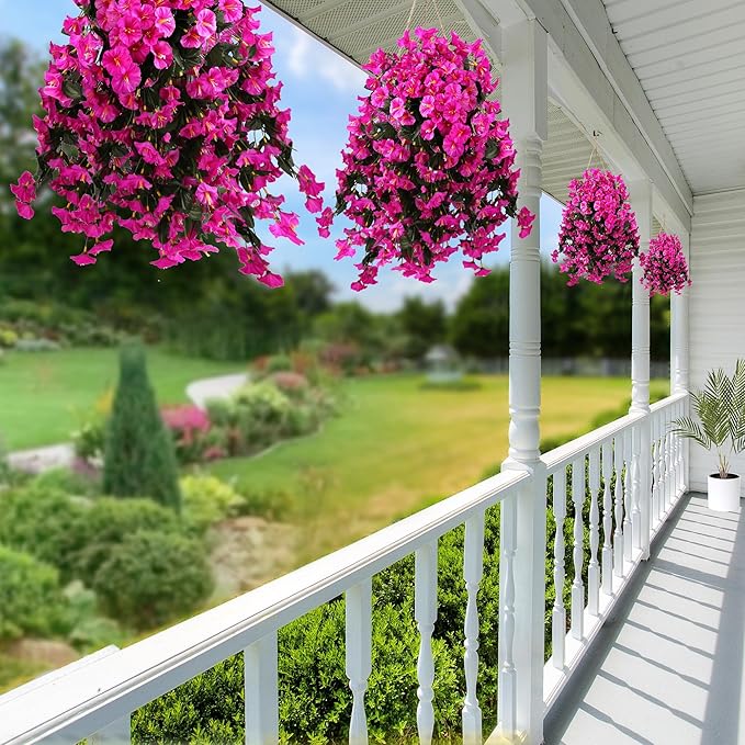 Sggvecsy Artificial Fake Hanging Flowers Plants for Outdoor Outside Spring Summer Decoration 4PCS Faux Silk UV Resistant Realistic Morning Glory Trailing Vines for Home Porch Patio Balcony(Purple red)