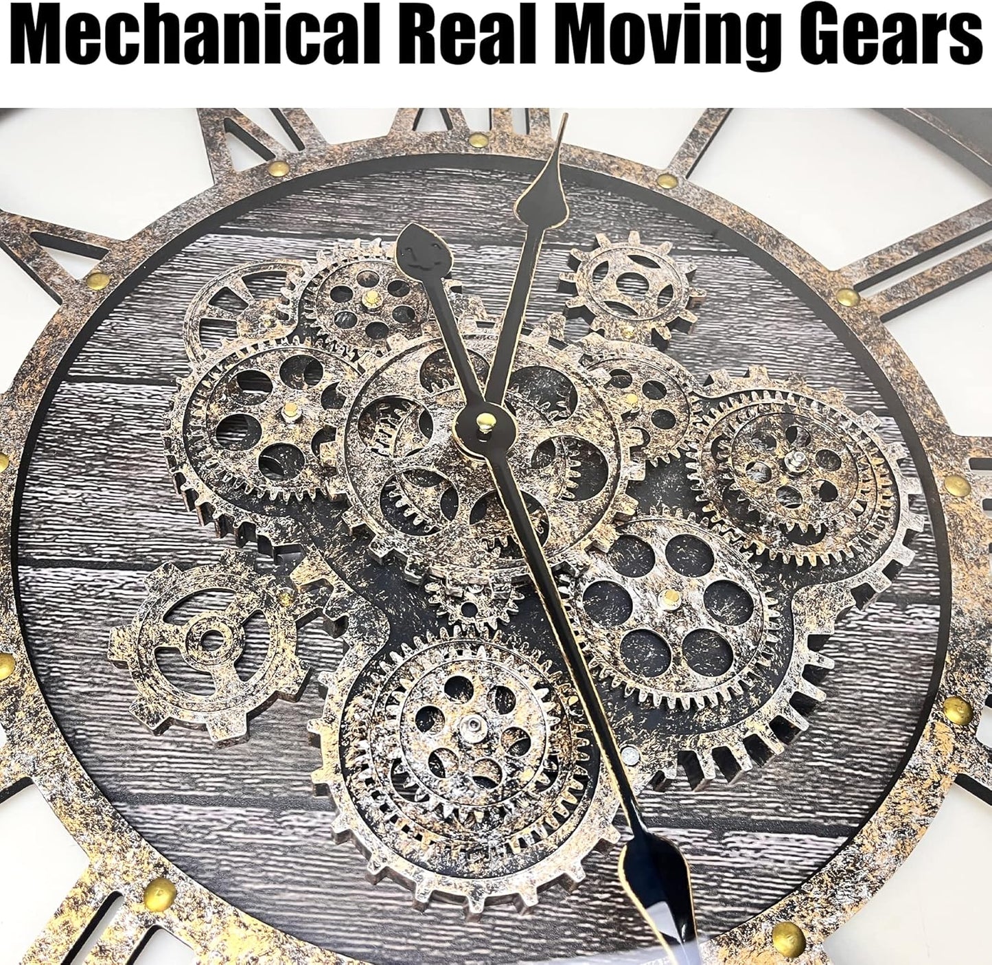 DORBOKER 27" Real Moving Gears Large Wall Clock with Toughened Glass Cover, Giant Wood Farmhouse Clock, Oversized Vintage Industrial Rustic Clock for Living Room Decor Home Kitchen (Carbon Grey)
