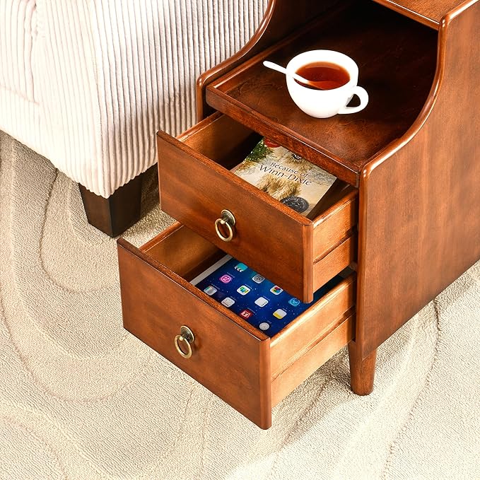 Solid Hardwood End Table with 2 Drawers, Traditional Beside Table with Pull-Out Coffee Tray, Modern Vintage Sofa Chair Side Table Nightstand for Living Room Bedroom, Cherry Brown Accent Table BGA1359