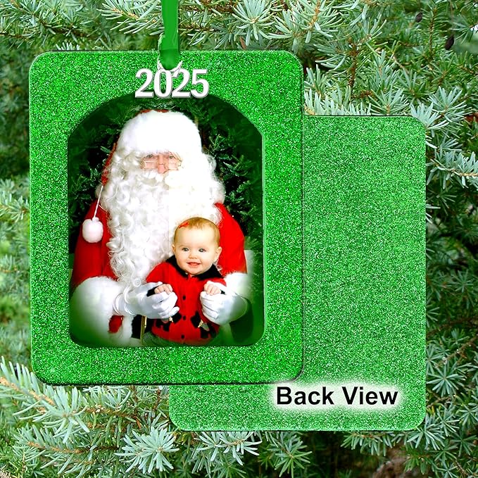 2025 Photo Ornaments for Christmas Tree, Sparkly Glitter Christmas Frame Ornament, Easy-Load Magnetic Design, Includes Satin Ribbon, Silver Charm & Photo Protector, Vertical, Green