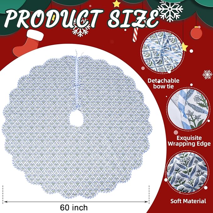 Christmas Tree Skirt Cotton Floral Block Tree Skirt in Nature Color for Home Xmas Party Seasonal Holiday Decoration Indoor Outdoor(60 Inch,Blue)