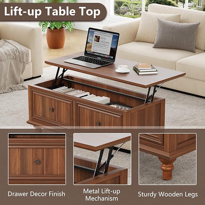 Lift Top Coffee Table with Storage, 39" Wood Rectangular Center Table with Lifting Top, Sturdy Space-Saving Dining Table for Living Room Home Office Small Space (Walnut)