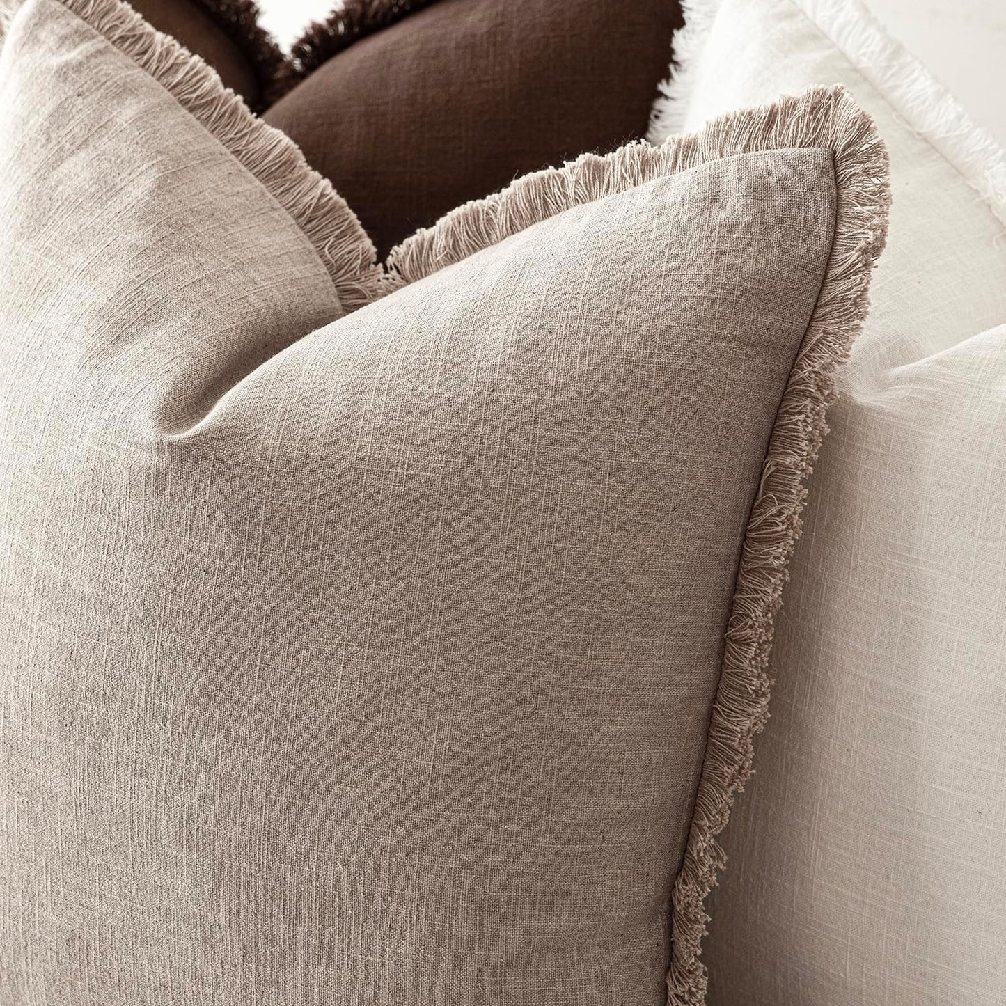 Foindtower Set of 2 Decorative Linen Fringe Throw Pillow Covers Boho Farmhouse Cushion Cover with Tassels Soft Accent Pillowcase for Couch Sofa Bed Living Room Home Decor,26×26 Inch,Natural Linen