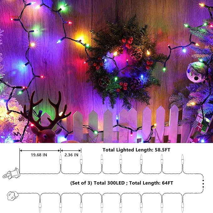 Joomer LED Christmas Lights, 3Pack Total 58.5FT 300 LED Multicolor Christmas Tree Lights, Connectable Waterproof Mini String Lights Plug in for Indoor Outdoor Home Christmas Decoration