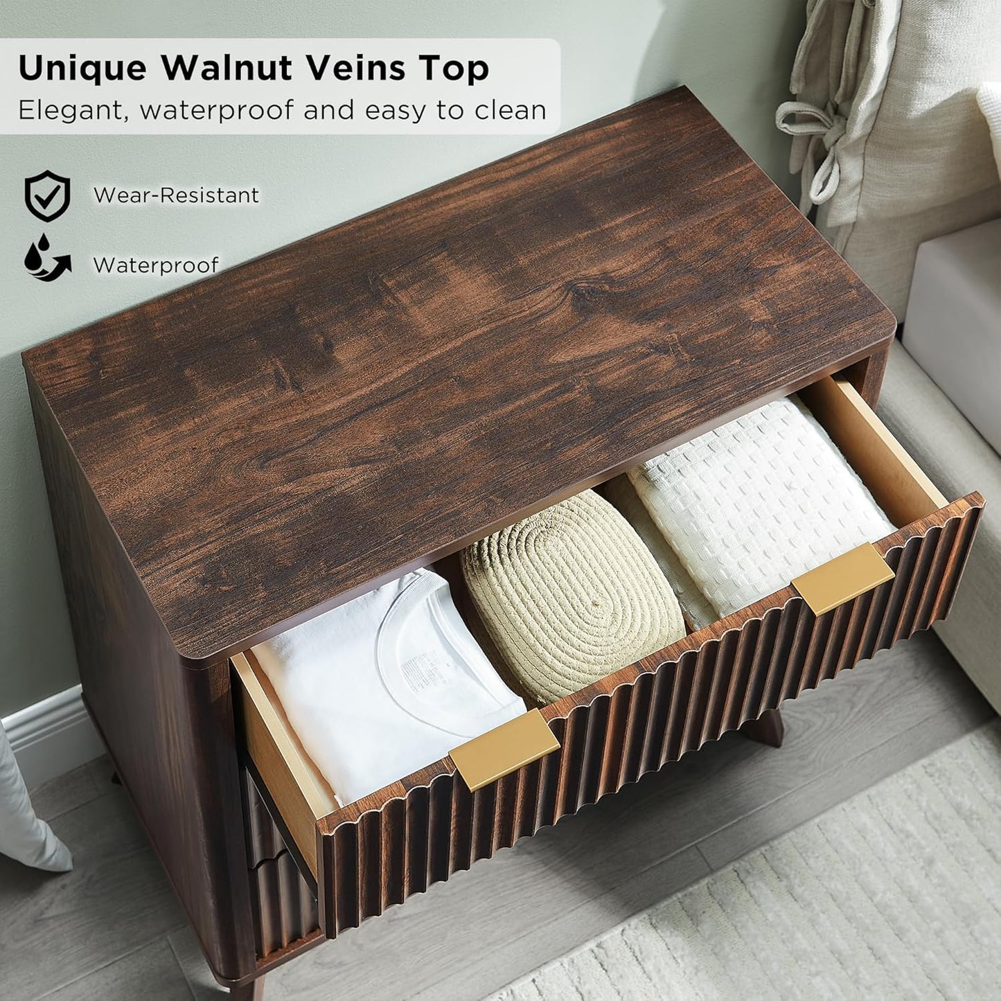 T4TREAM 32" Tall Fluted Nightstand Set of 2, Modern Side Table, 3 Drawers End Table w/Storage, Bedside Table for Bedroom, Living Room, Curved Profile Design, Dark Walnut