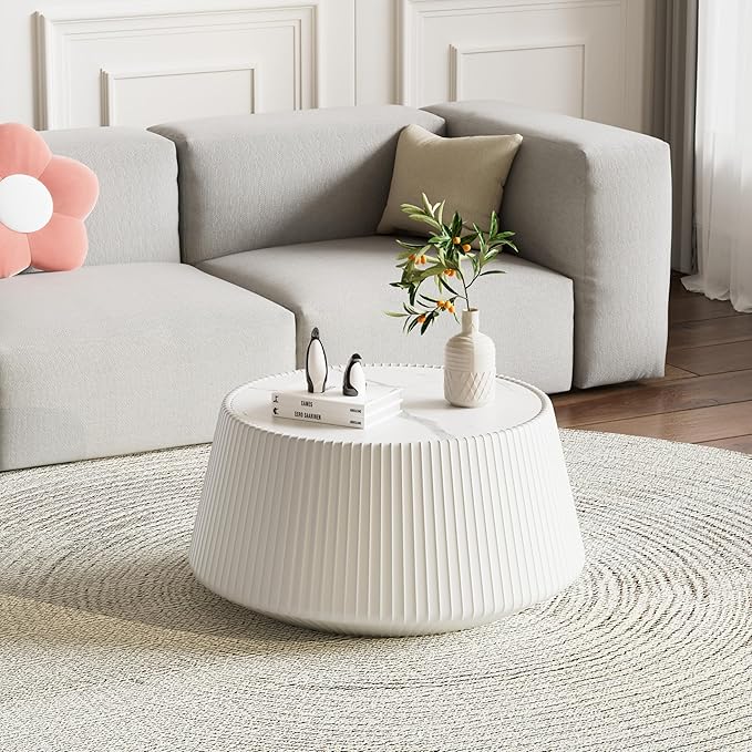 26.77" White Round Coffee Table, Drum Coffee Table with Sintered Stone Tabletop and Fluted PU Leather Covered and Stable Base, Circle Cocktail Tea Table for Living Room