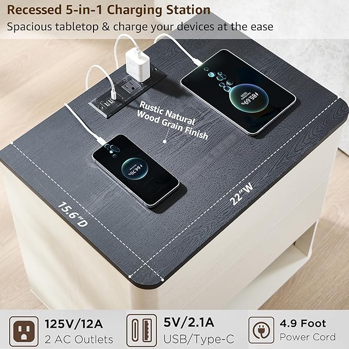 JXQTLINGMU 22" Modern Nightstand Set of 2 with Charging Station, Large Push-to-Open End Table, Wood Bedside Table, Curved Profile, Handleless 2 Drawer Night Stand for Bedroom, Living Room,Off White