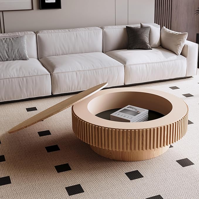 39" Round Coffee Table with Hidden Storage Compartment, Modern Handcraft Fluted Drum Coffee Table, Wooden Circle Center Table Cocktail Tea Table with Sturdy Pedestal for Living Room, Natural