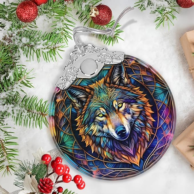 Stained Glass Wolf Christmas Ornament - Holiday Home Decor - Tree Decoration - Gift Exchange Idea