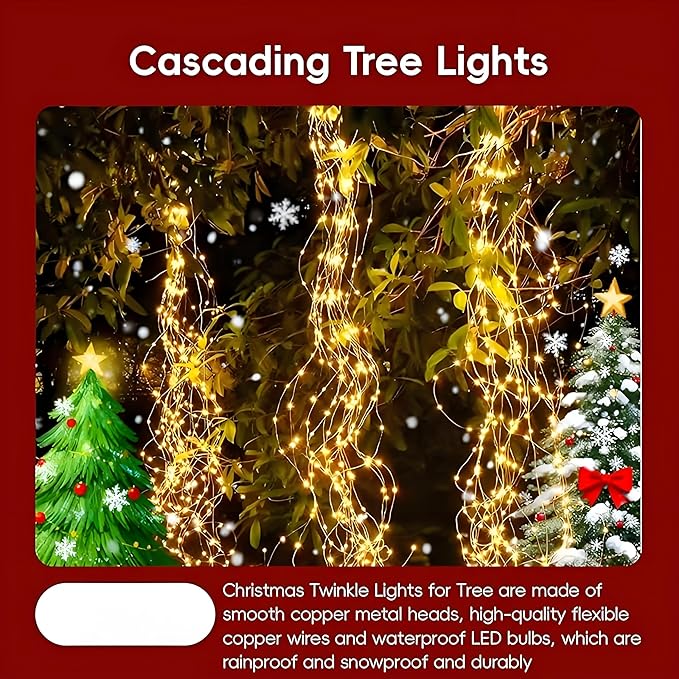 2026 Upgrade Cascading Twinkle Lights for Christmas Tree Waterfall Lights, 8 Modes 100-600 Christmas LED Firefly Twinkle String Lights Battery Powered (Warm Light,1m/3.28ft 20 Strips 200 Lights)