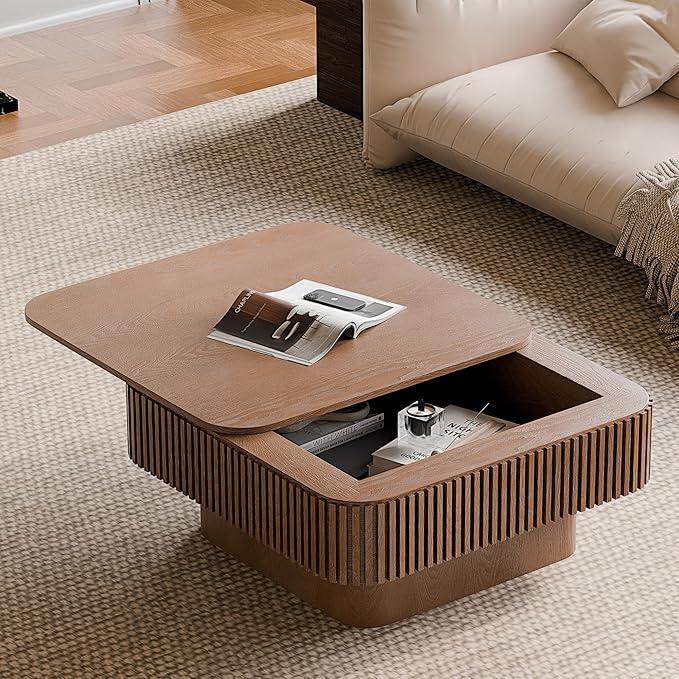 31.5'' Square Coffee Table with Storage, Mid Century Modern Fluted Drum Center Tables with Lid, Solid Wood Modern Coffee Table Accent Tea Table for Living Room, Bedroom, Apartment or Office, Walnut