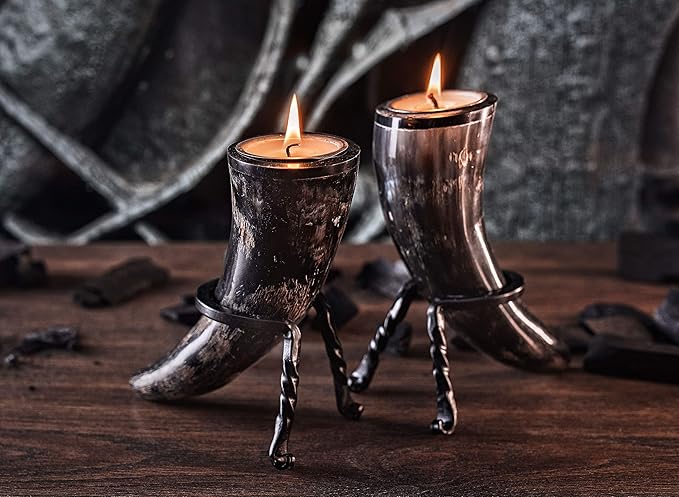 Genuine Ox-Horn Candle Sticks (2) with Tea Light Candles and Wrought Iron Stands Included