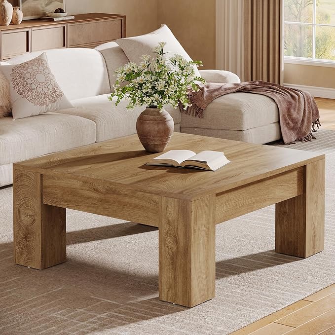 Tribesigns Square Coffee Table, 39-Inch Farmhouse Wooden Coffee Table with Sturdy Legs, Rustic Accent Center Table for Living Room, Easy Assembly, Light Brown