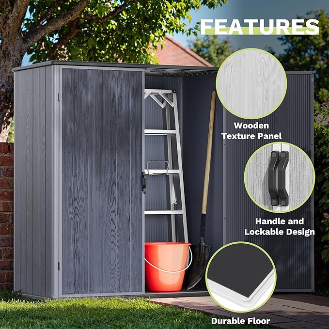 Devoko 5 x 3 Resin Outdoor Storage Shed with Floor - Waterproof Plastic Outdoor Tool Cabinet with Lockable Doors for Patio Furniture, Pool Accessories, Garden Tools (Deep Gray)