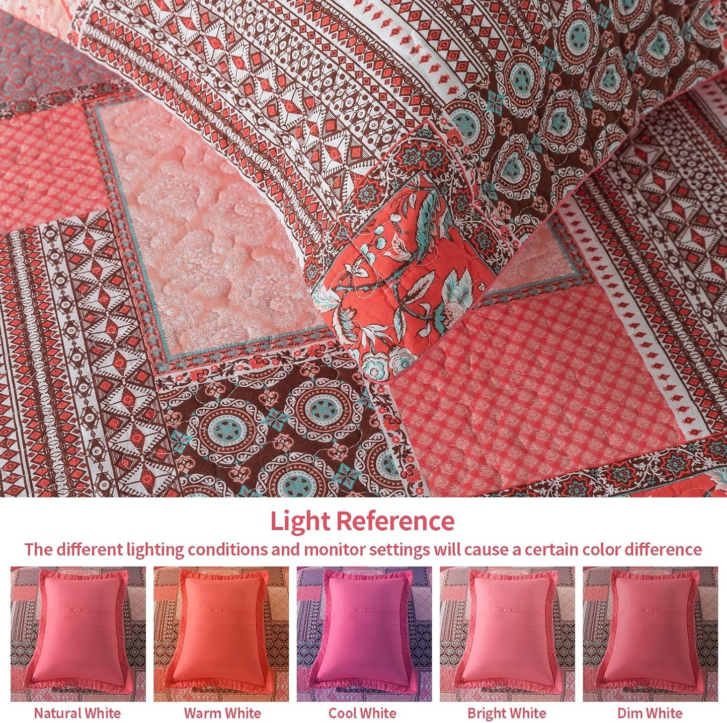 VAPUTAR Cotton King Size Quilt Bedding Sets, Pink King Bedspread Lightweight Quilted Reversible Coverlets Farmhouse 3 Pieces King Quilt Set Suitable for All Seasons Decoration