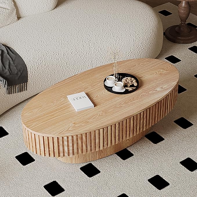47" Oval Coffee Table with Hidden Storage Compartment, Modern Handcraft Fluted Drum Coffee Table, Wooden Oval Center Table Cocktail Tea Table with Sturdy Pedestal for Living Room, Natural