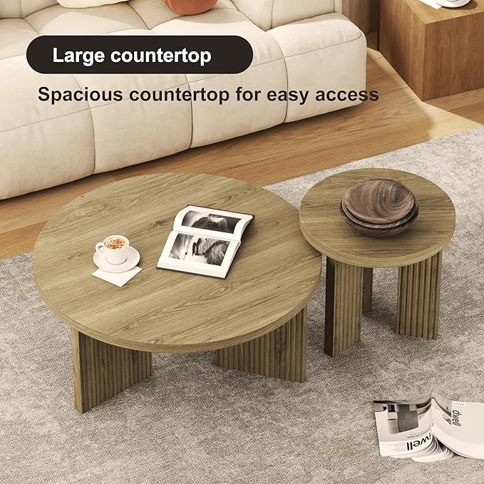 Nesting Coffee Table Set of 2, Modern Wooden Coffee Table with Smooth Thick Design, Circle Tea Table and End Table Set, Accent Center Tables for Living Room, Office, Walnut