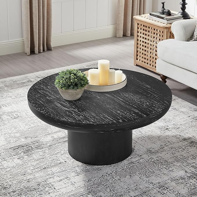 36" Round Coffee Table with Cylindrical Leg,Modern Wood Coffee Table with MDF and Veneer Finish, Retro Style Center Table for Living Room and Office (Black)