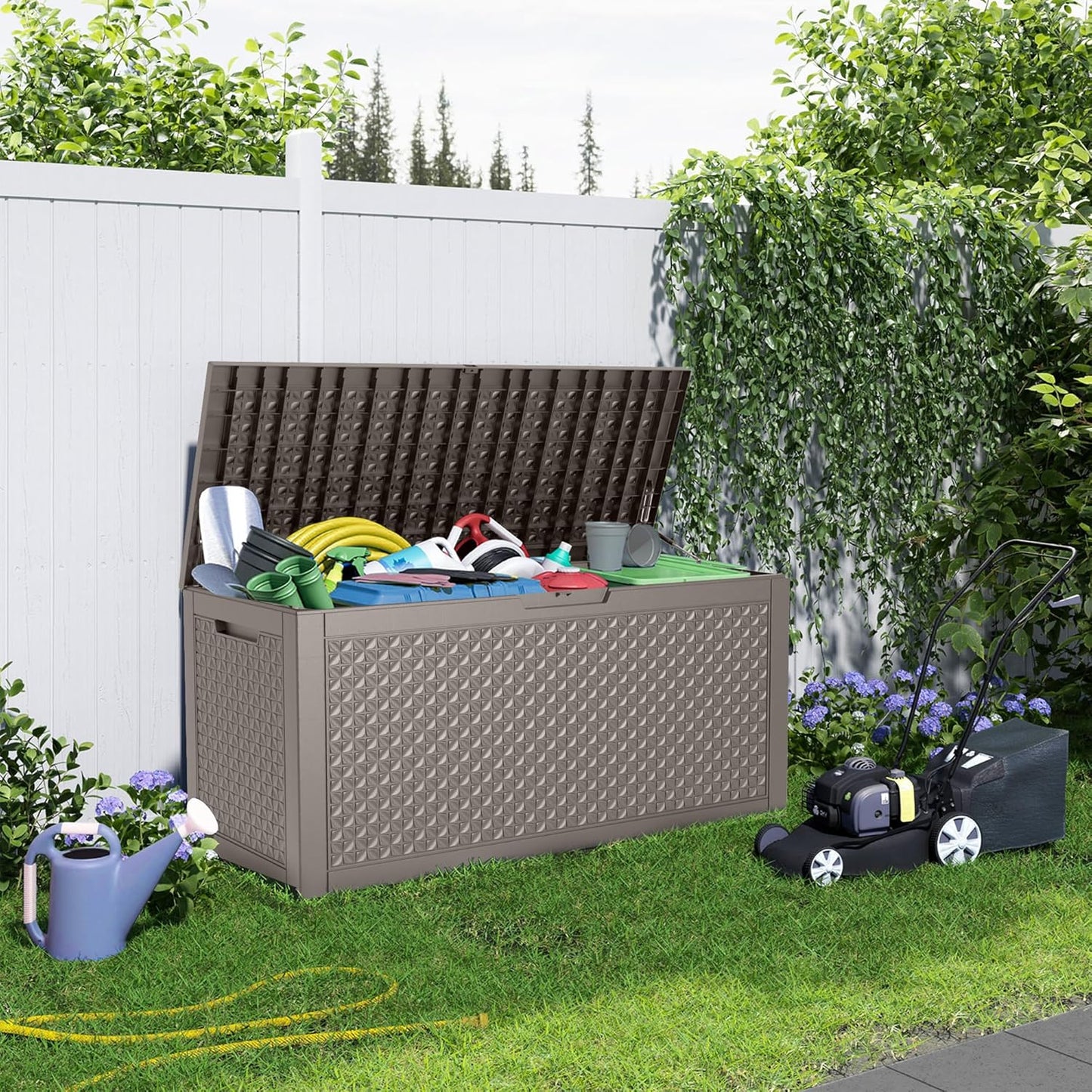 100 Gallon Resin Deck Box, Lockable Outdoor Storage Box for Patio Cushions Storage Furniture,Garden Tools, Pool Supplies, Weatherproof and UV Resistant (Grey L)