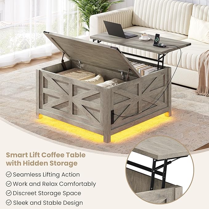 Farmhouse Coffee Table with Lift Top Storage, Square Wood Center Table, USB Charging Station,Grey