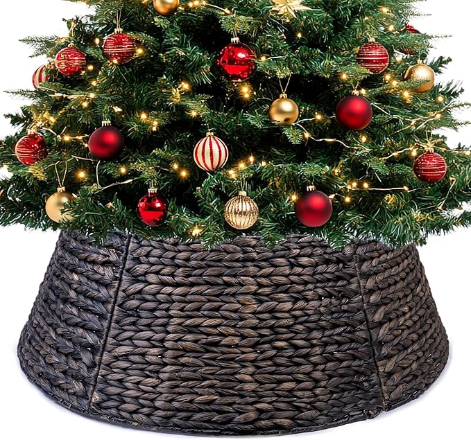 24in Christmas Tree Collar, Christmas Tree Ring Adjustable Water Hyacinth Skirt, Christmas Tree Skirt for Decoration, Base Protection from Pets (Black)