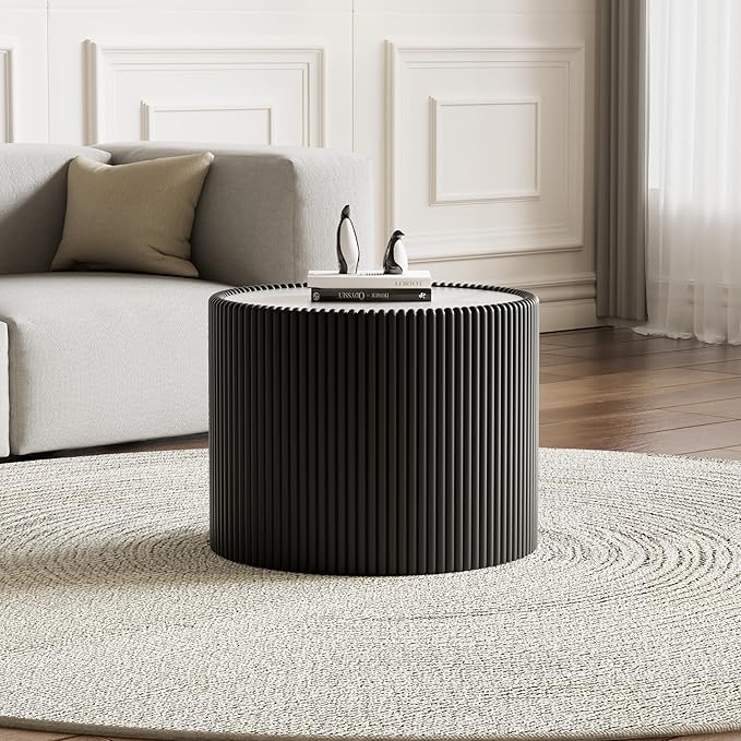 Round Living Room Table Set, 29.52" Black Drum Center Table and 17.71" Black Coffee Table Set, 2 Pieces Coffee Table Set with Sintered Stone Tabletop, Fluted PU Leather Covered and StableBase