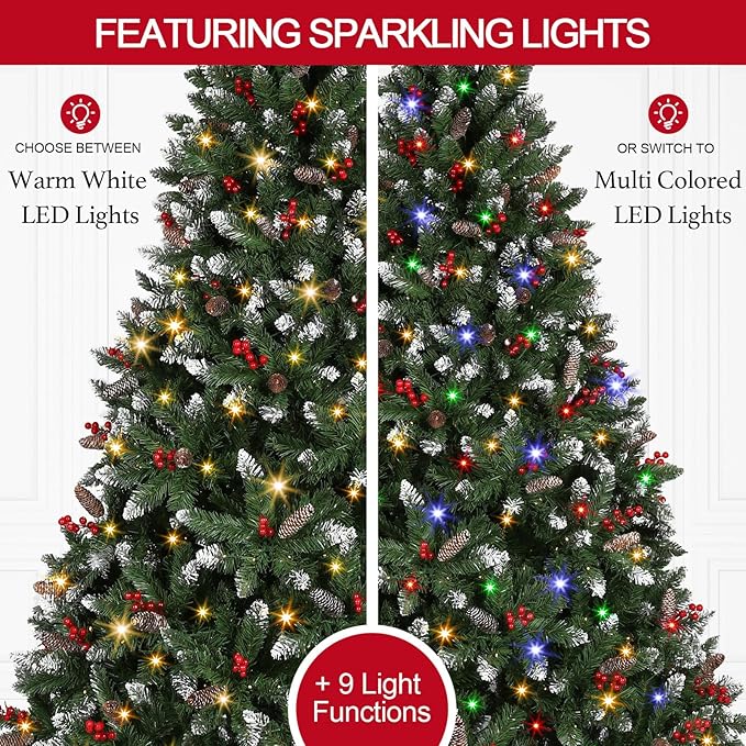 6.5 Ft Pre-Lit Artificial Christmas Tree with 400 Dual Color LED Lights & Timer - Snowy Spruce with 1100 Branch Tips & 60 Pine Cones & 60 Berries Indoor Outdoor Home Christmas Decorations