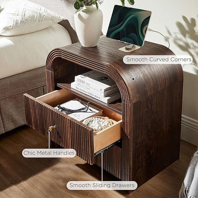 T4TREAM 24" Fluted Nightstand Set of 2, Large 2 Drawers Bedside Table with Charging Station, Modern End Table with Storage Night Stand for Bedroom, Living Room, Round Curved Corner Design, Dark Walnut