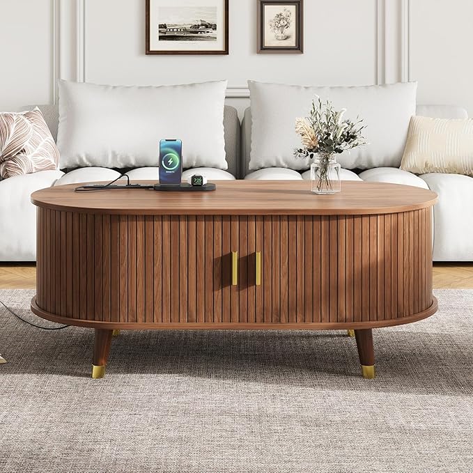 WILLIAMSPACE 42.5" Oval Coffee Table with Storage & Charging Station, Mid-Century Modern Center Table with Sliding Tambour Door, Farmhouse Tea Table with Solid Wood Legs for Living Room, Walnut