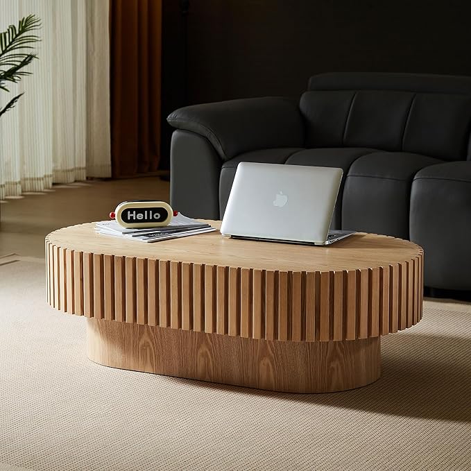 WILLIAMSPACE 43.7" Oak Oval Coffee Table, Mid Century Modern Luxury Wood Drum Center Table for Living Room, Handcraft Accent Side Tea Table for Apartment, 43.7"*24.8"*13.78"H (Oak)