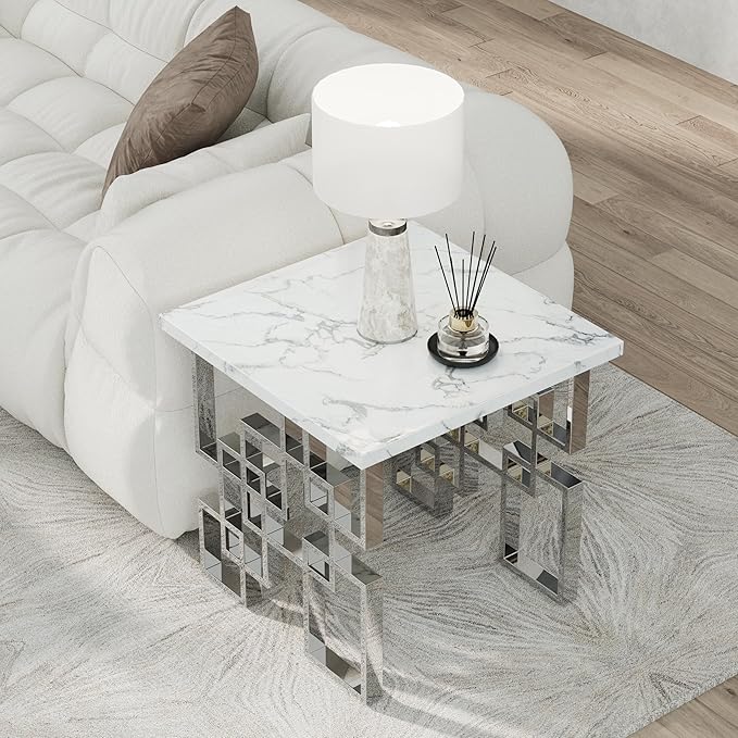 AUZ Silver End Table, Modern Square Living Room Side Table with White Faux Marble Top and Mirrored Silver Metal Geometric Base