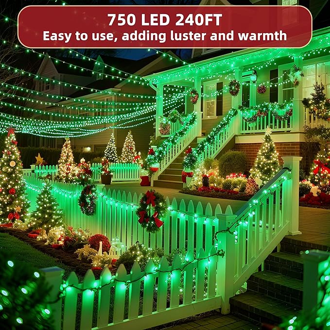 240FT Christmas Lights Outdoor, 750 LED Christmas Tree Decoration Lights with 12 Modes & Timer Memory, Dimmable Plug in Waterproof LED Xmas Light for Yard Trees Wedding Party Holiday Green