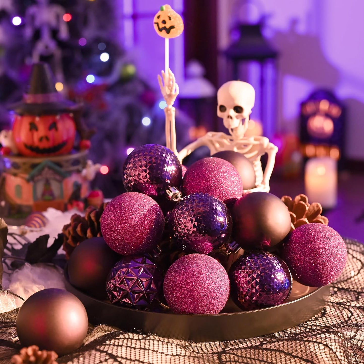 Valery Madelyn Christmas Tree Decorations Ornament Set for Fall Halloween, 50ct 2 Inches Purple Shatterproof Christmas Ball Ornaments Hanging Xmas Holiday Party Decor