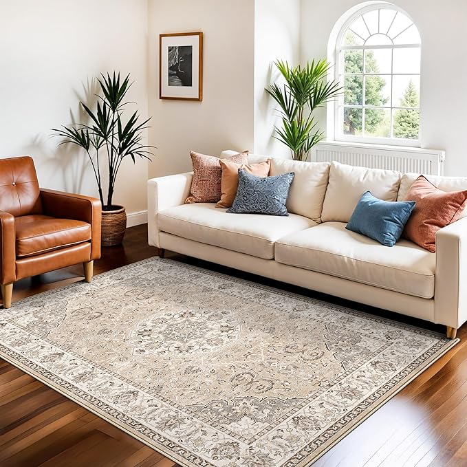Washable 5x8 Living Room Area Rug: Vintage Water-Resistant Soft Rug for Bedroom Dining Room Non Slip Apartment Low Pile Carpet Thin Floor Mat for Dorm Home Office Printed Beside Rug(5x8，Beige)