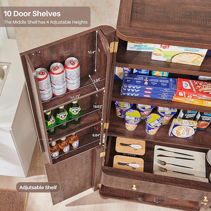 71" Tall Kitchen Pantry, Modern Curved Pantry Storage Cabinet with 4 Doors and 6 Adjustable Shelves, Cupboard for Kitchen, Dining Room, Living Room and Bathroom, Brown