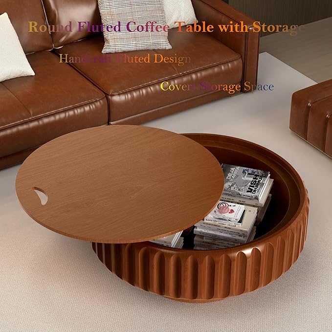 31.5" Round Drum Coffee Table with Storage Retro Rustic Center Table - Solid Wood Handcrafted Relief Veneer for Farmhouse Apartment (A Round 31.5in)