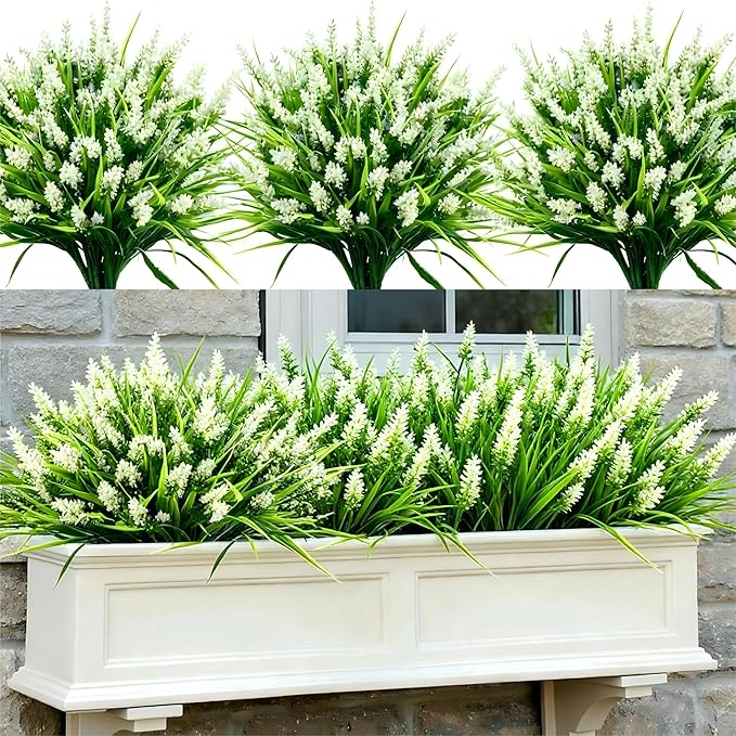 Geegoods Artificial White Lavender Flowers for Outdoors – 24 Bundles UV Resistant Fake Flowers with Monkey Grass, Realistic Artificial Plants Outdoor for Garden, Patio, Porch, Window Box & Home Décor