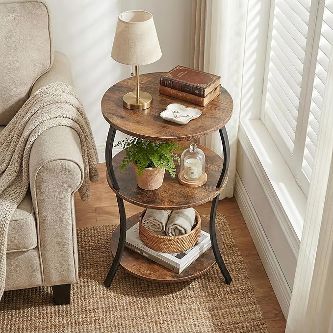 Round Side Table, 3-Tier End Table with Storage Shelf for Narrow and Small Spaces, Round Sofa Table Vintage Corner Tables for Living Room,Bedroom Nightstand/Rustic Brown
