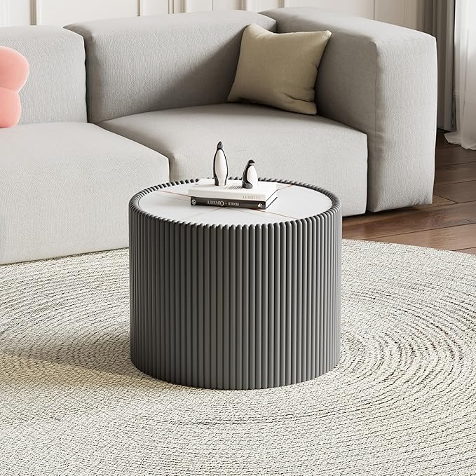 17.71" Grey Round Coffee Table, Drum Coffee Table with Sintered Stone Tabletop and Fluted PU Leather Covered and Stable Base, Circle Cocktail Tea Table for Living Room