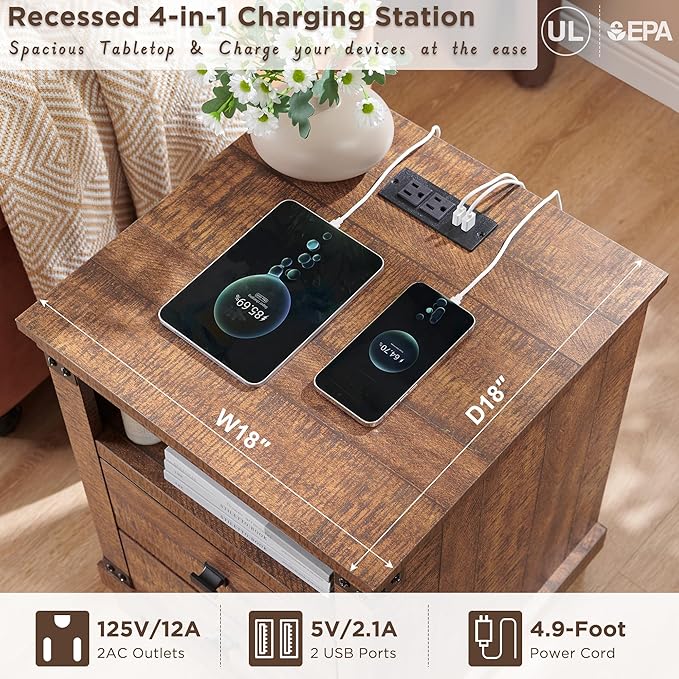 Farmhouse Nightstand with Charging Station, 18" Rustic Night Stand with 2 Storage Drawers, Wood End Table for Bedroom, Living Room, Reclaimed Barnwood